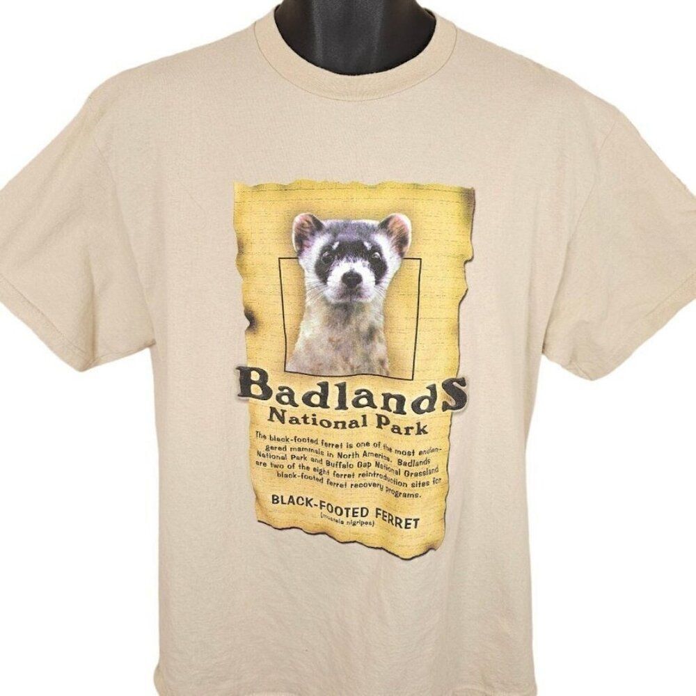 Vintage Badlands National Park T Shirt Mens Size Large Beige Y2K Black Footed